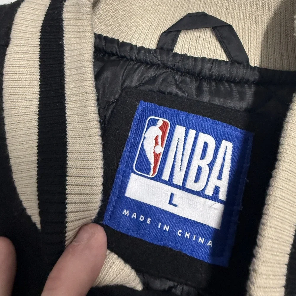 NBA Varsity Jacket Mens Large Black Good Letterman Snap Front Patch